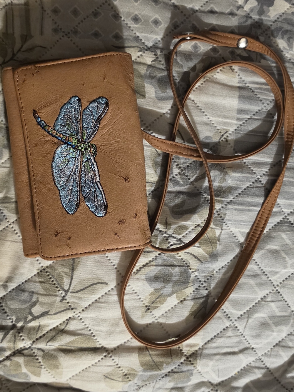 Tan Crossbody Leather Wallet with Embroidered Dragonfly